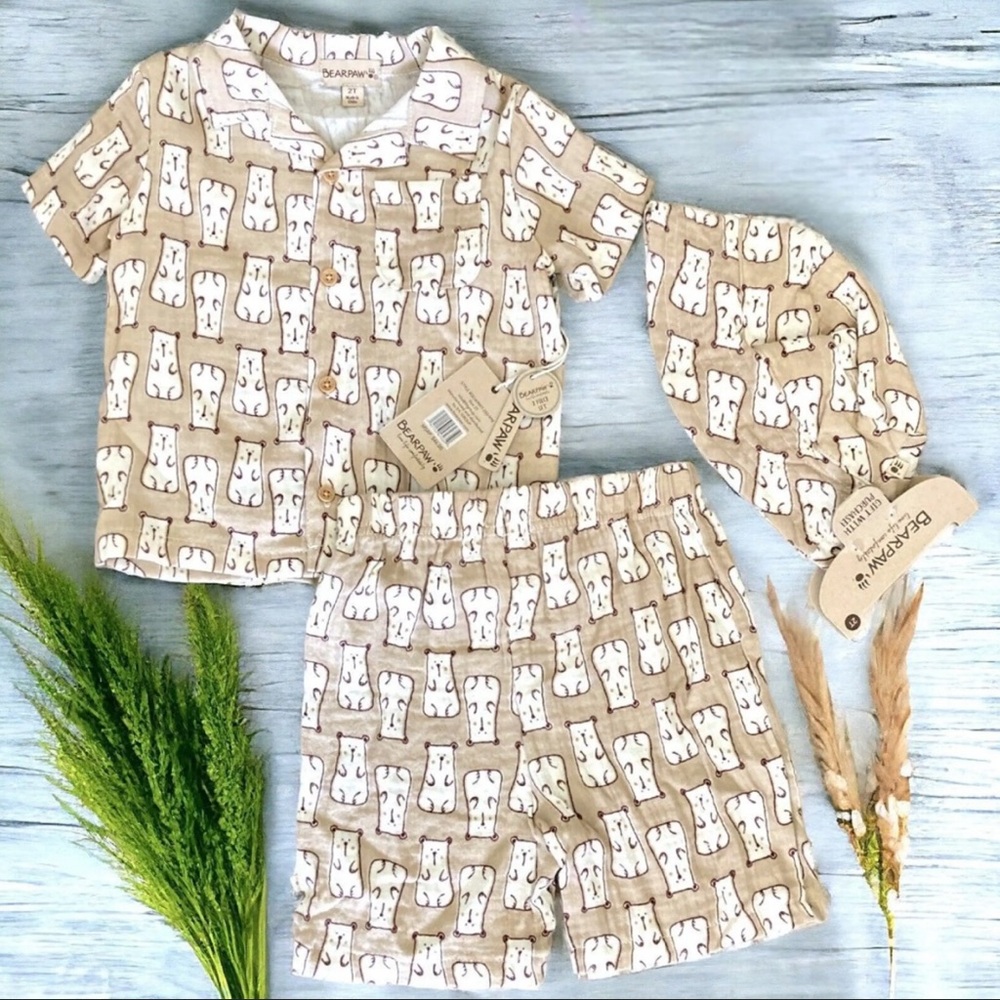 BearPaw Kids Pajama Set in Tan and White Baby Bear Print